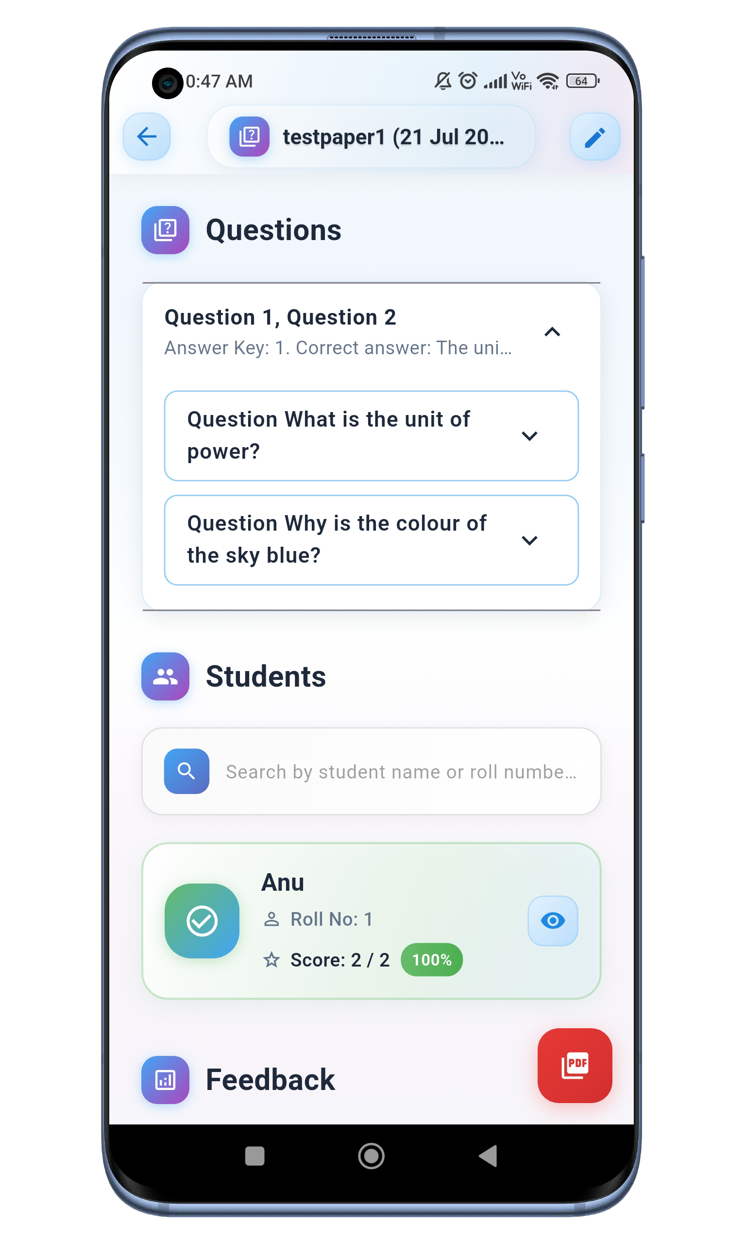 RedInk Exam Details Inside Screen